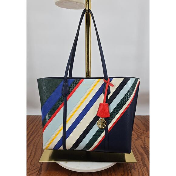 Tory Burch Perry Balloon Striped Triple Compartment Tote Bag - Picture 1 of 8